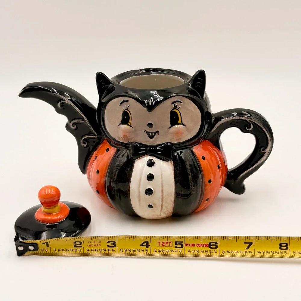 Johanna Parker Halloween Vampire Bat Pumpkin Ceramic Teapot Vintage Style